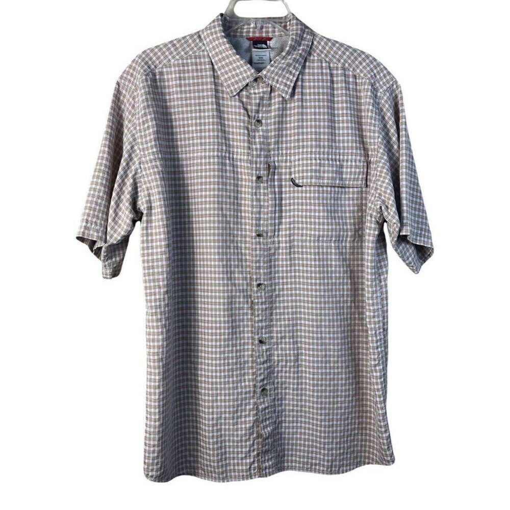 The North Face Short Sleeve Beige Plaid Shirt Hook & Loop Zip Pockets Men's Sz M